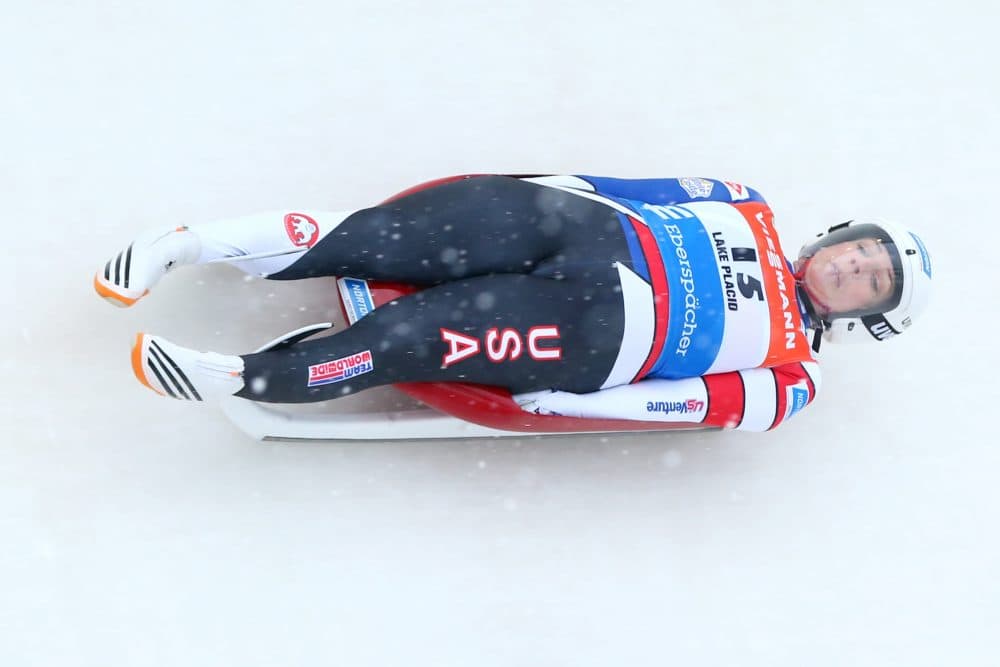 Erin Hamlin of the United States completes her first run in the women's competition of the Viessmann FIL Luge World Cup at Lake Placid Olympic Center on Dec. 16, 2017 in Lake Placid, N.Y. (Maddie Meyer/Getty Images)