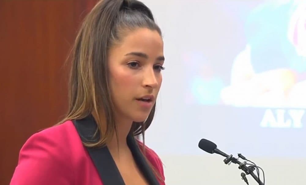 Olympian Aly Raisman delivers her victim impact statement in the trial of former USA Gymnastics doctor, Larry Nassar. (Screenshot via NBC News)