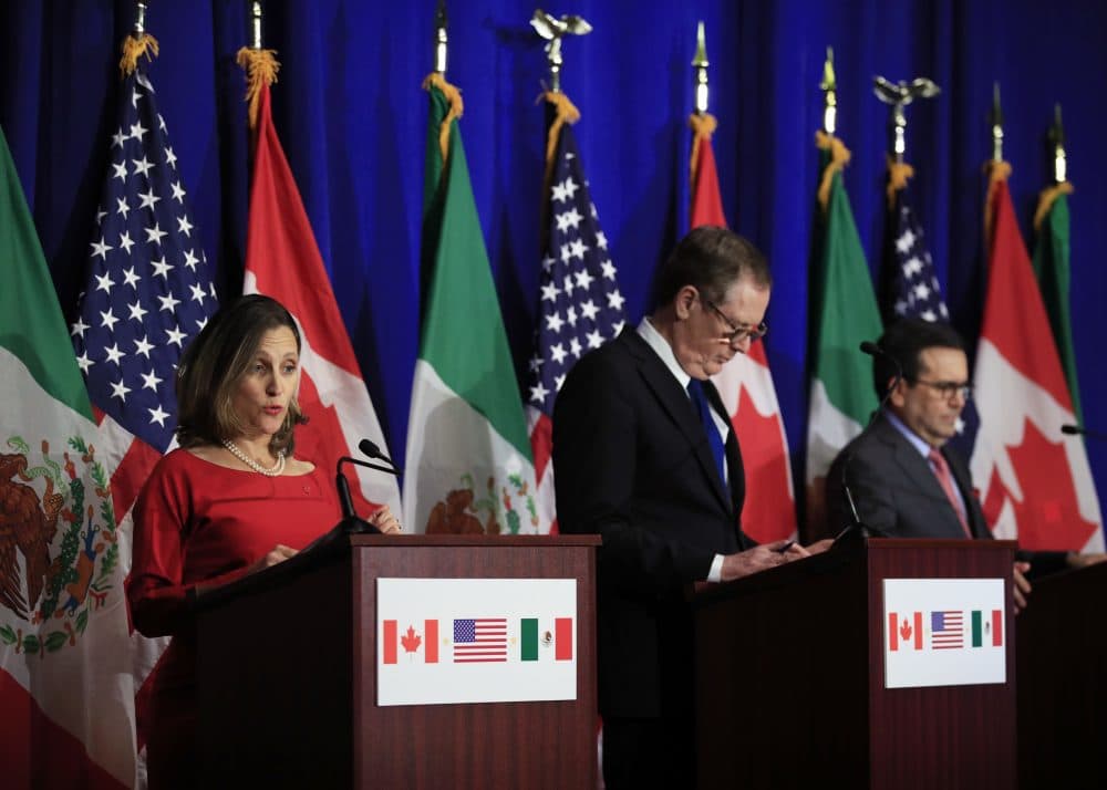 From left, Canadian Minister of Foreign Affairs Chrystia Freeland with United States Trade Representative Robert Lighthizer and Mexico's Secretary of Economy Ildefonso Guajardo Villarreal speaks during the conclusion of the fourth round of negotiations for a new North American Free Trade Agreement (NAFTA) in Washington, Tuesday, Oct. 17, 2017. (Manuel Balce Ceneta/AP)