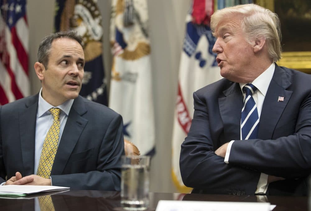 In this Thursday, Jan. 11, 2018, file photo, President Trump, right, and Kentucky Gov. Matt Bevin, left, talk during a prison reform roundtable in the Roosevelt Room of the Washington. (Carolyn Kaster/AP)