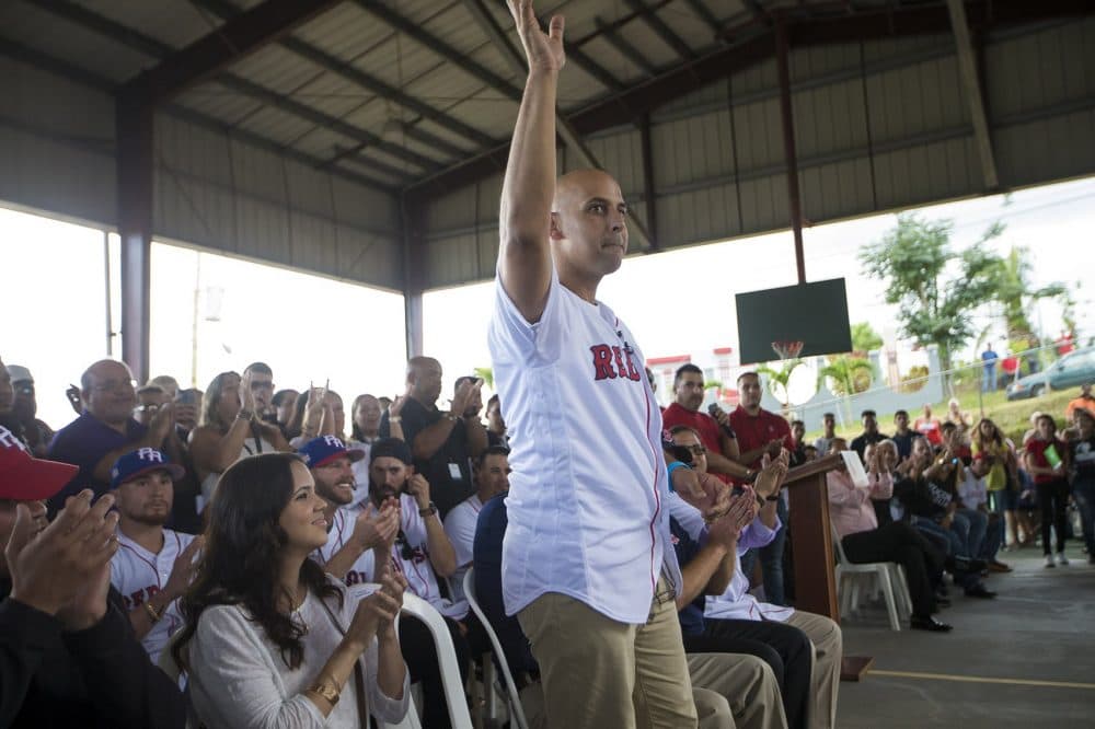 Red Sox manager Alex Cora gets a hometown hero's welcome at La Mesa Sports Complex in Caguas. (Jesse Costa/WBUR)