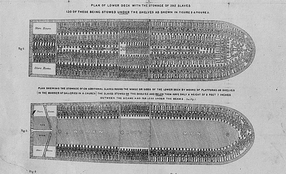 This is an undated photo of an etching depicting the claustrophobic living conditions aboard slave ships.  This etching set guidelines to slavers that say &quot;Stowage of the British Slave Ship 'Brooks' Under the Regulated Slave Trade Act of 1788.&quot;  (AP Photo)