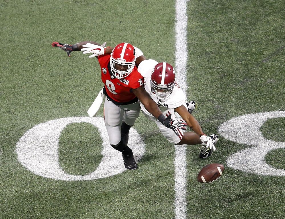 Cornerback Levi Wallace of Alabama breaks up a pass thrown to wide receiver Riley Ridley of Georgia during the College Football Playoff National Championship game on Monday. (Mike Zarrilli/Getty Images)