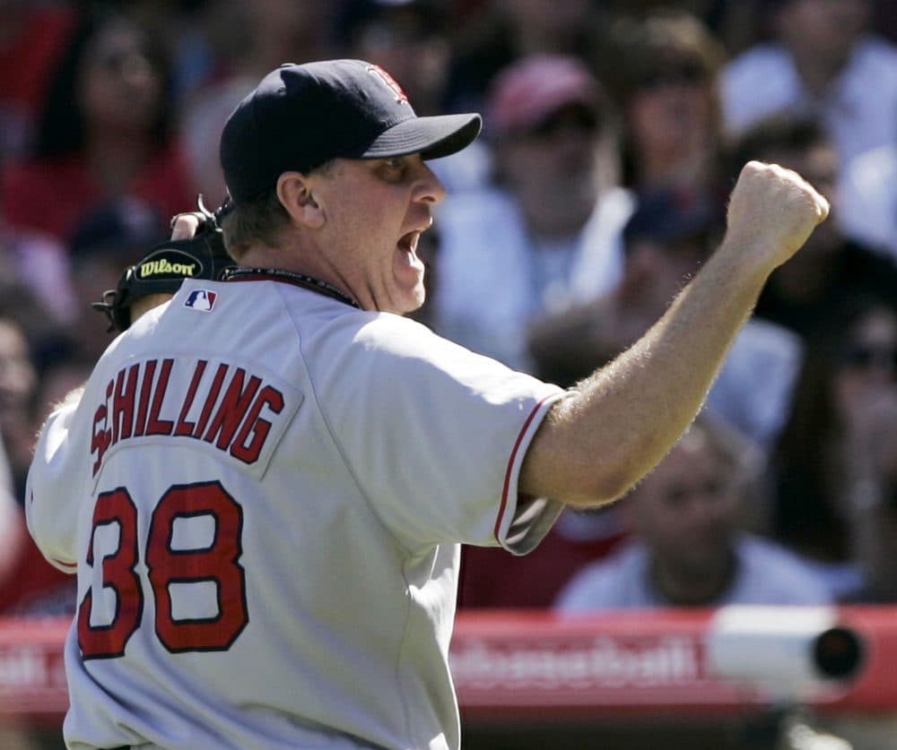 Boston Red Sox pitcher Curt Schilling reacts to the third out against the Los Angeles Angels to end the third inning in Game 3 of an American League Division Series playoff baseball game Sunday, Oct. 7, 2007, in Anaheim, Calif. Boston won 9-1. (AP Photo/Kevork Djansezian)
