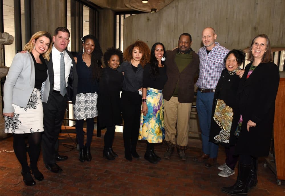 The artists selected for 2018's Boston AIR program, with Boston Mayor Marty Walsh and Chief of Arts and Culture Julie Burros. (Courtesy City of Boston)
