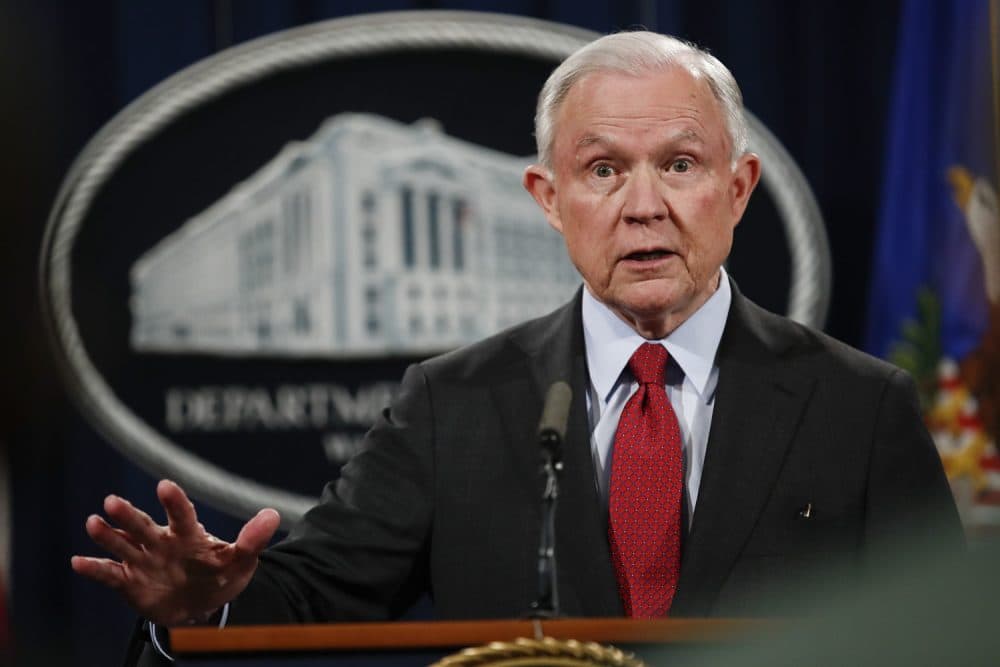 FILE - In this Dec. 15, 2017 file photo, Attorney General Jeff Sessions speaks during a news conference at the Justice Department in Washington.  Sessions on Friday launched a review of a little-known but widely used practice of immigration judges closing cases without decisions, potentially reshaping immigration courts and putting hundreds of thousands of people in greater legal limbo.  (AP Photo/Carolyn Kaster)