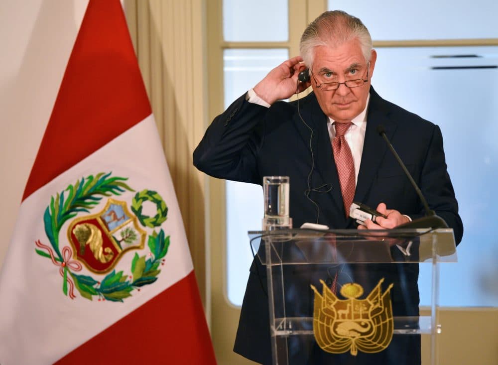 Secretary of State Rex Tillerson gestures at a joint press conference with Peru's Foreign Minister Cayetana Aljovin (out of frame) at the Peruvian Foreign Ministry in Lima on Feb. 5, 2018, the fifth day of a five-nation tour of Latin America and Jamaica. (Cris Bouroncle/AFP/Getty Images)