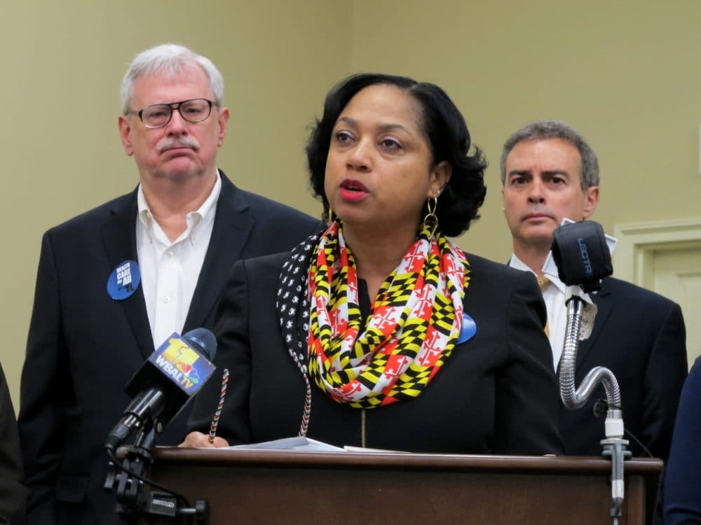 Delegate Joseline Pena-Melnyk, D-Md., discusses plans for legislation to create an individual mandate for health care at the state level and turn it into a down payment for people to get health insurance in the state during a news conference Tuesday, Jan. 9, 2018, in Annapolis, Md. State Sen. Jim Rosapepe is standing left and Sen. Brian Feldman is standing right. (Brian Witte/AP)