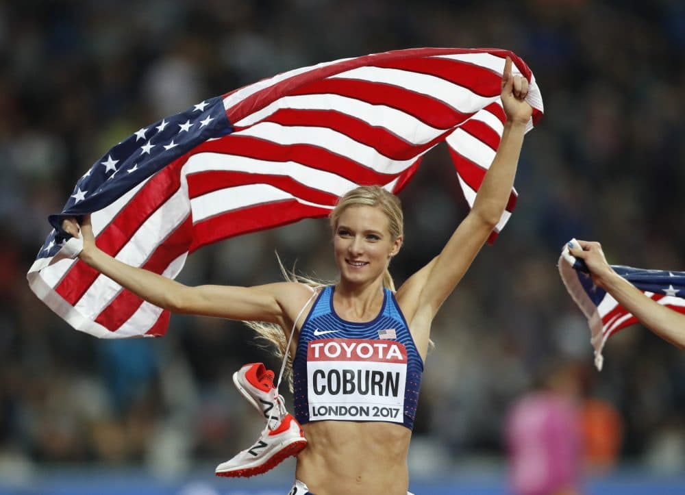 United States' Emma Coburn celebrates after winning the gold medal in the women's 3000m steeplechase final during the World Athletics Championships in London Friday, Aug. 11, 2017. (Frank Augstein/AP)