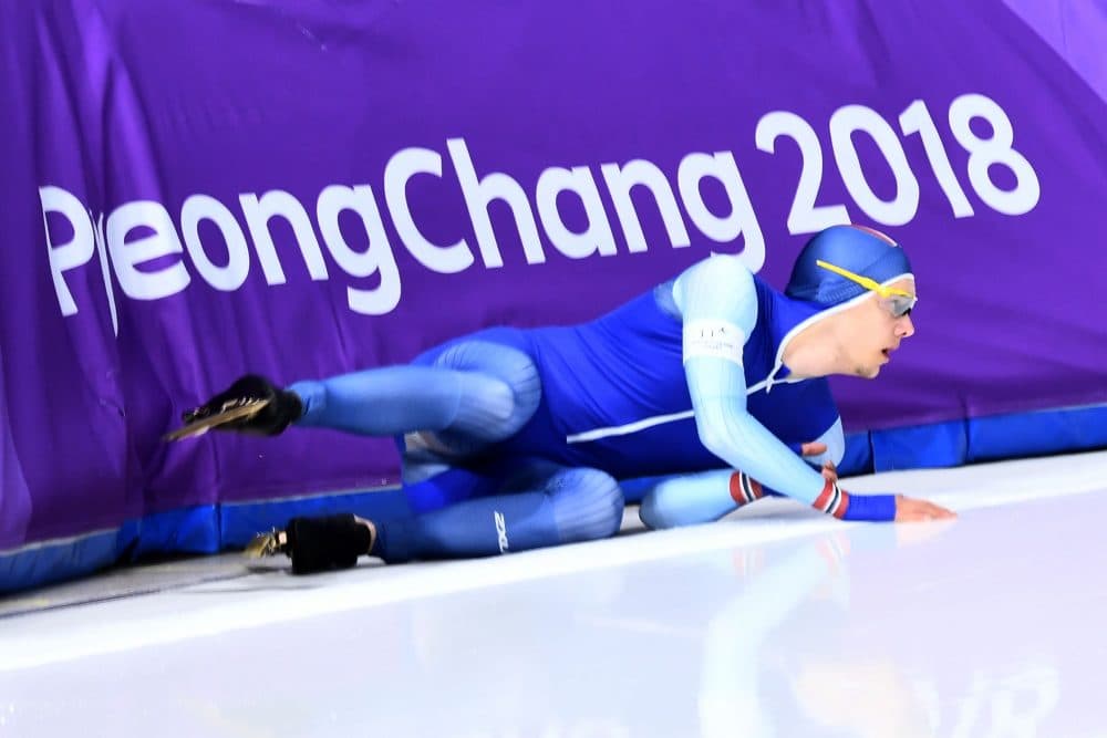 Norway's Allan Dahl Johansson falls in the men's 1,500-meter speedskating event during the Pyeongchang Winter Olympic Games at the Gangneung Oval in Gangneung on Feb. 13, 2018. (Aris Messinis/AFP/Getty Images)