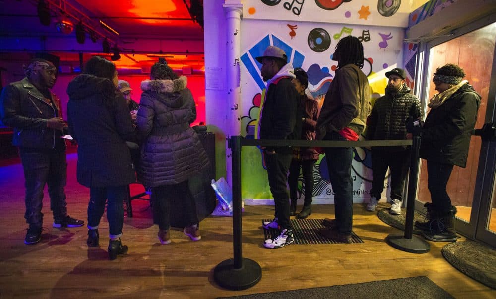 Concertgoers line up at the entrance of Sonia in Cambridge on a recent evening. (Jesse Costa/WBUR)