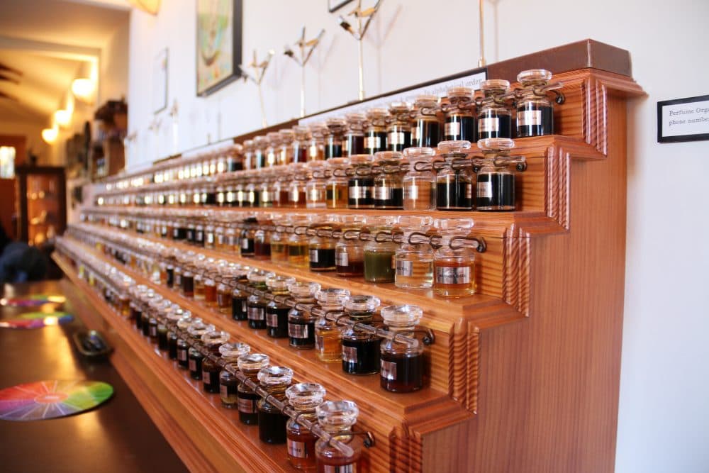 The perfume organ holds hundreds of natural perfume oils. (Bianca Taylor/KQED)