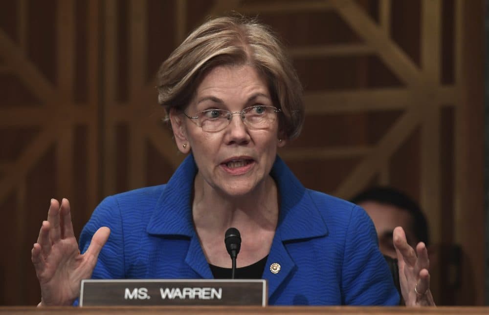 Sen. Elizabeth Warren, D-Mass., asks a question of Treasury Secretary Steven Mnuchin during a Senate Banking Committee hearing on Capitol Hill in Washington, Tuesday, Jan. 30, 2018, on the Financial Stability Oversight Council. (AP Photo/Susan Walsh)