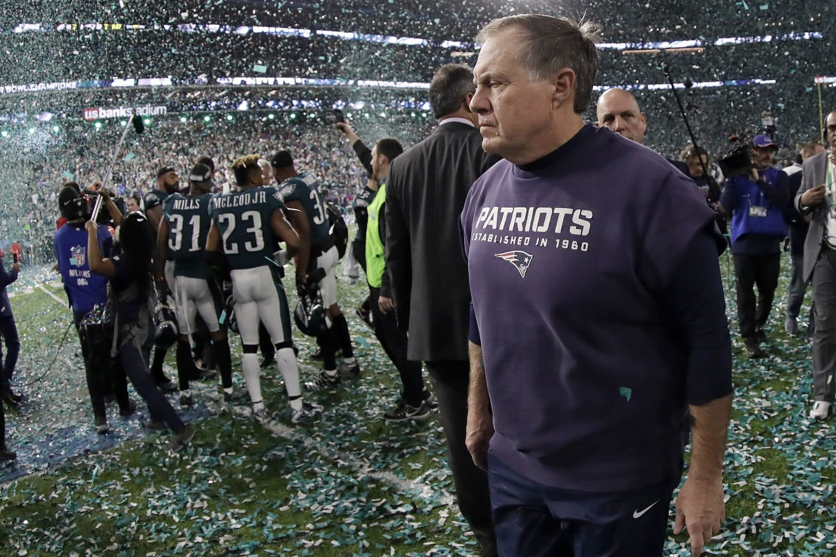 New England Patriots head coach Bill Belichick walks off the field after the NFL Super Bowl 52 football game against the Philadelphia Eagles Sunday, Feb. 4, 2018, in Minneapolis. The Eagles won 41-33. (AP Photo/Mark Humphrey)