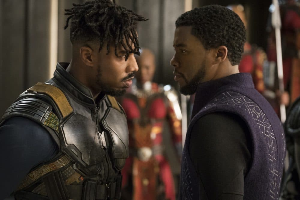 This image released by Disney shows Michael B. Jordan, left, and Chadwick Boseman in a scene from Marvel Studios' &quot;Black Panther.&quot; (Matt Kennedy/Marvel Studios-Disney via AP)