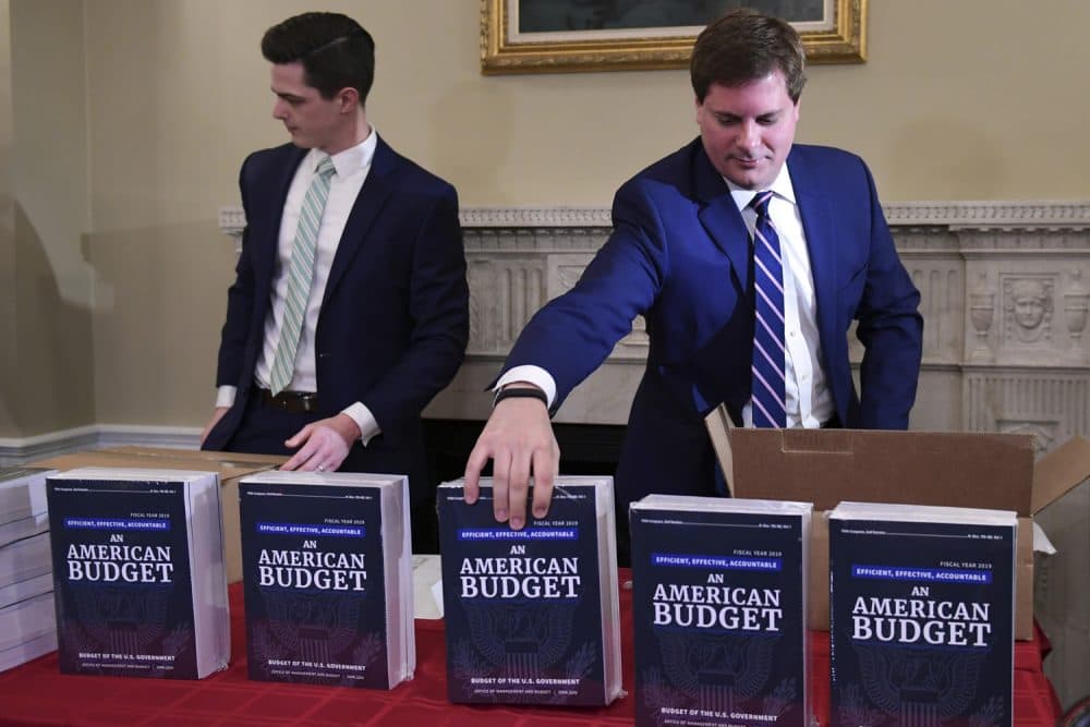 James Knable, left, and Jeffrey Freeland, right, help to unpack copies of the President's FY19 Budget after it arrived at the House Budget Committee office on Capitol Hill in Washington, Monday, Feb. 12, 2018. (AP Photo/Susan Walsh)