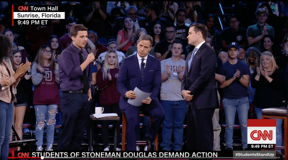 Cameron Kasky, a junior at Marjory Stoneman Douglas High school, pictured with Sen. Marco Rubio at a town hall on CNN on Feb. 21, 2018. (Youtube/CNN)
