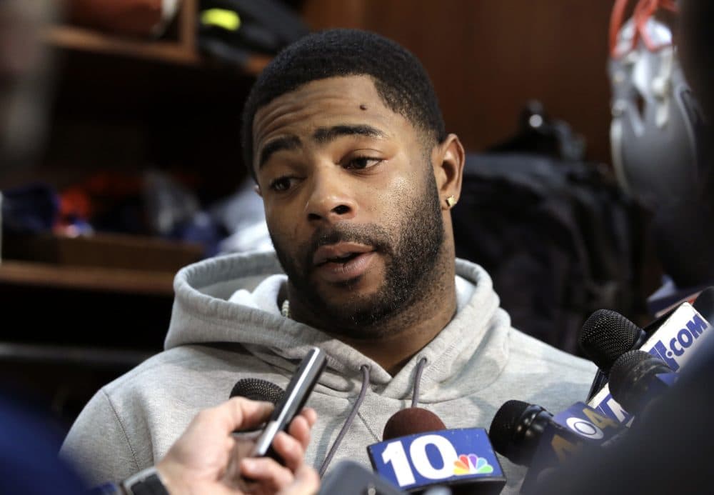 New England Patriots cornerback Malcolm Butler takes questions from reporters in the team's locker room following an NFL football practice, Thursday, Jan. 25, 2018, in Foxborough, Mass. The Patriots are to play the Philadelphia Eagles in Super Bowl 52, Sunday, Feb. 4, in Minneapolis. (AP Photo/Steven Senne)