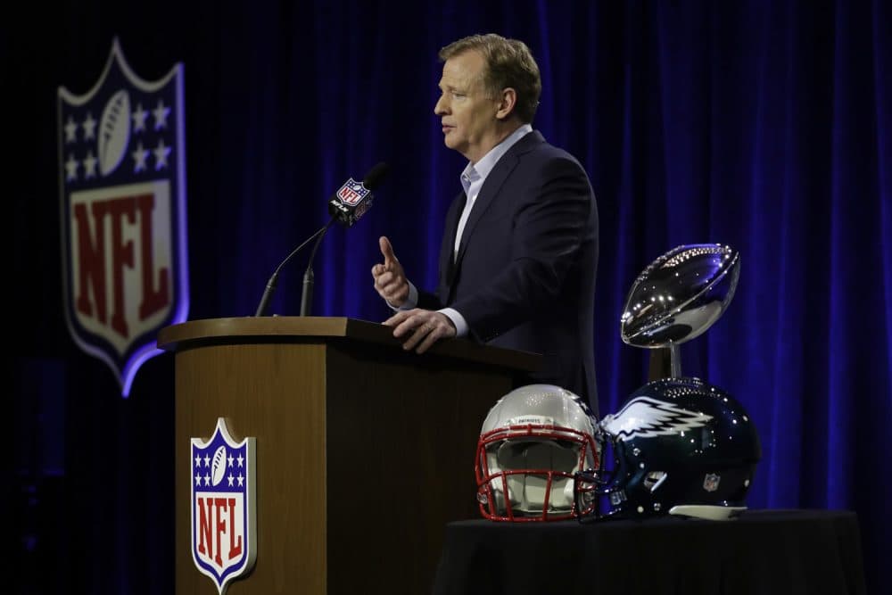 NFL Commissioner Roger Goodell speaks during a news conference in advance of the Super Bowl 52 football game, Wednesday, Jan. 31, 2018, in Minneapolis. (AP Photo/Matt Slocum)