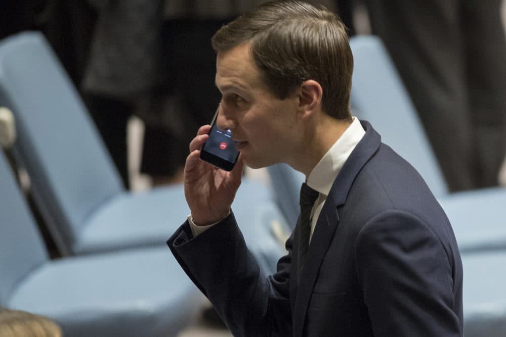 Jared Kushner takes a phone call before a Security Council meeting on the situation in Middle East, Tuesday, Feb. 20, 2018 at United Nations headquarters. (AP Photo/Mary Altaffer)
