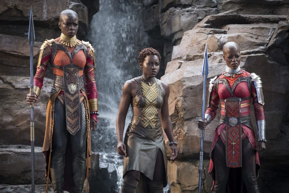 This image released by Disney-Marvel Studios shows, from left, Danai Gurira, Lupita Nyong'o and Florence Kasumba in a scene from &quot;Black Panther.&quot; Gurira says the representation of women in “Black Panther” is important for young girls to see. (Matt Kennedy/Disney/Marvel Studios via AP)