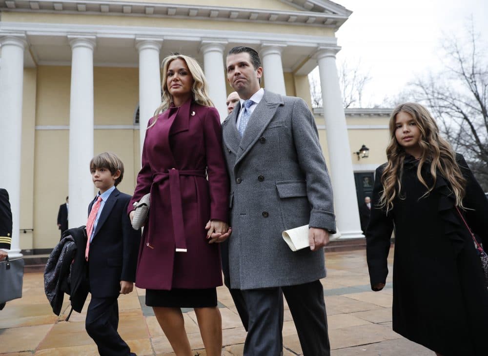 Donal Trump Jr., wife Vanessa Trump, and their children Donald Trump III, left, and Kai Trump, right, walk out together after attending church service at St. John's Episcopal Church across from the White House in Washington on Jan. 20, 2017. (Pablo Martinez Monsivais/AP)