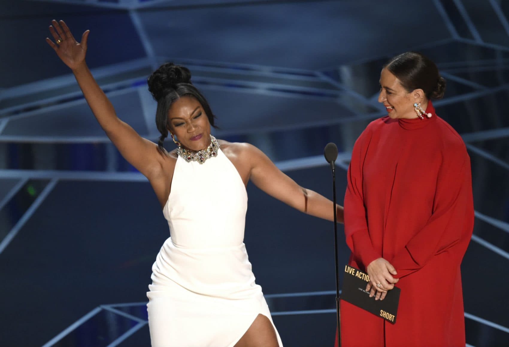 Tiffany Haddish, left, and Maya Rudolph present the award for best documentary short subject. (Chris Pizzello/Invision/AP)