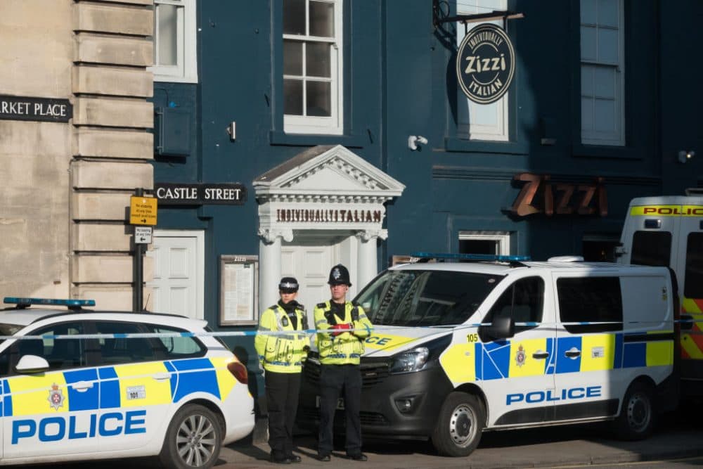 Police officers stand outside a branch of the Italian chain restaurant Zizzi close to The Maltings shopping center in Salisbury which has been closed in connection with an ongoing major incident sparked after a man and a woman were found critically ill on a bench outside the shopping center on Sunday,March 7, 2018 in Wiltshire, England. Sergei Skripal, who was granted refuge in the U.K. following a &quot;spy swap&quot; between the U.S. and Russia in 2010, and his daughter, remain critically ill after being exposed to an &quot;unknown substance.&quot; (Matt Cardy/Getty Images)