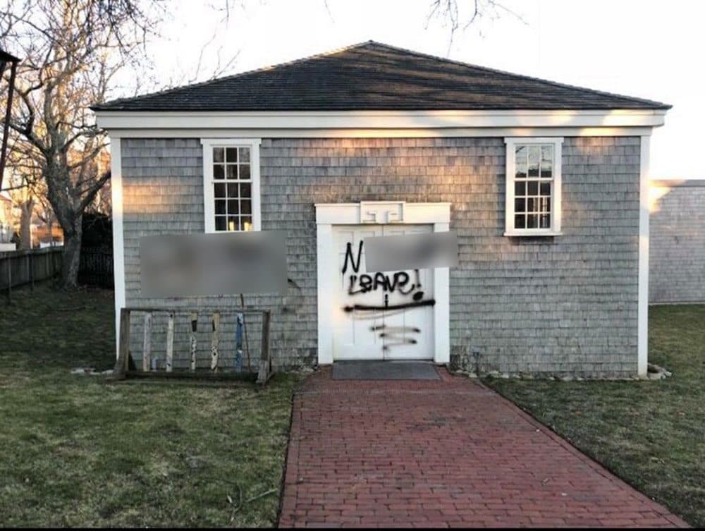 The vandalized African Meeting House in Nantucket (Courtesy of Nantucket Police Department, blurred by WBUR)