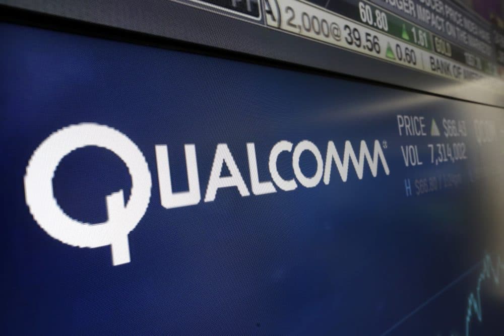The logo for Qualcomm appears on a screen at the Nasdaq MarketSite, in New York, Wednesday, Feb. 14, 2018. (Richard Drew/AP)