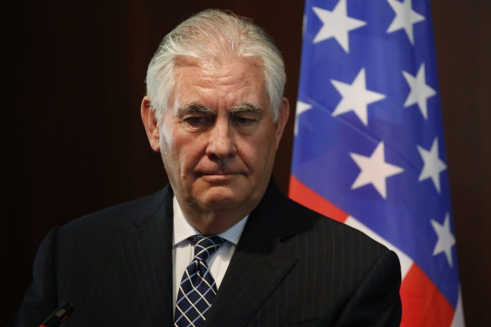 Secretary of State Rex Tillerson looks on as he holds a joint press conference with Nigeria's Foreign Minister in Abuja, on March 12, 2018. (Jonathan Ernst/AFP/Getty Images)