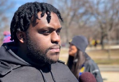 Alex King, a senior at North Lawndale College Prep High School, speaks with a reporter during a walkout protest Wednesday against gun violence in Chicago. (Courtesy Alex King)
