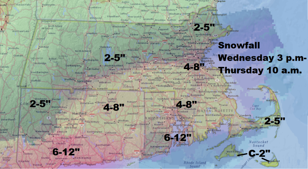 Expected snowfall totals for Wednesday's nor'easter, which is slated to last into Thursday. (David Epstein/WBUR)