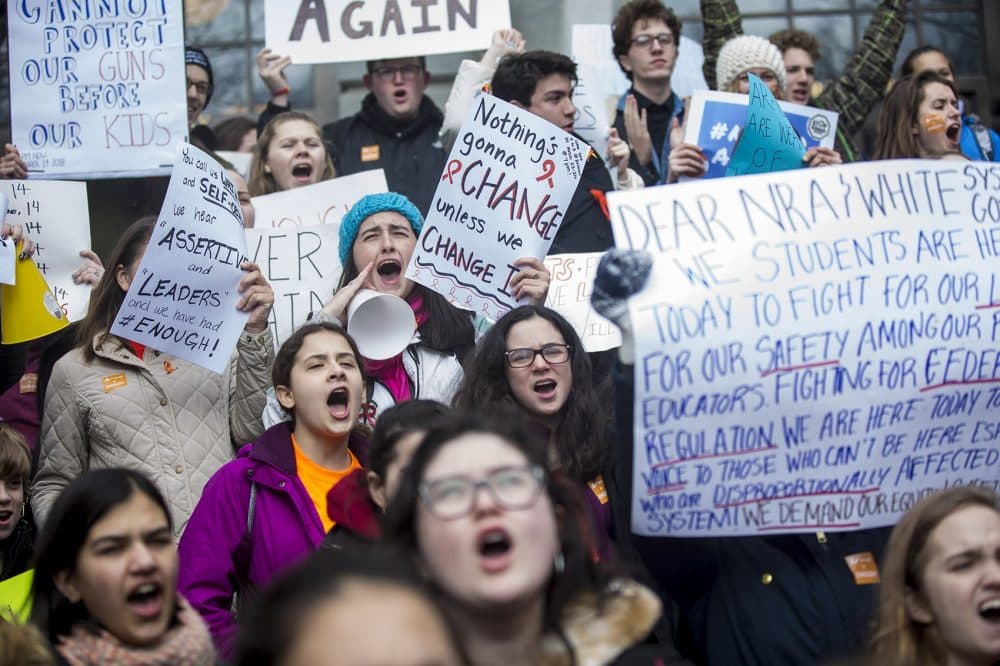 Boston-area students protest outside the State House on a day of school walkouts across the nation to mark the one-month anniversary of the school shooting in Parkland, Florida. (Jesse Costa/WBUR)