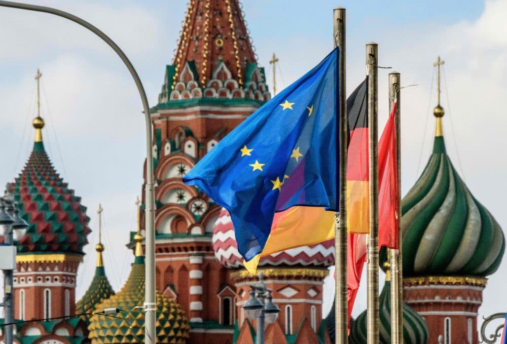 The European Union flag flies among others in front of St. Basil's Cathedral in Moscow on March 29, 2018. At least 25 countries have ordered out more than 120 Russia diplomats in response to the March 4 attack on former Russian spy Sergei Skripal and his daughter in the English city of Salisbury. (Mladen Antonov/AFP/Getty Images)