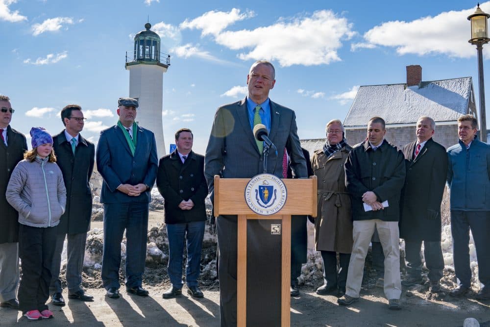 Baker announces his climate bond bill Thursday in Scituate. (Courtesy Rachel Mandelbaum for the Office of the Governor)