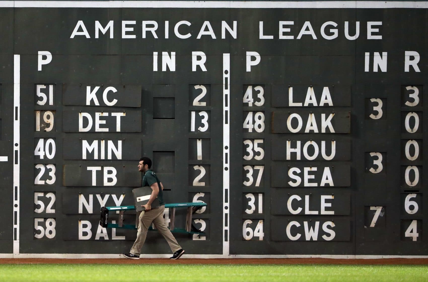 Tom and Jean Yawkey's initials depicted in Morse code line the white stripes separating the American League scores on the Green Monster at Fenway Park. (Winslow Townson/AP)