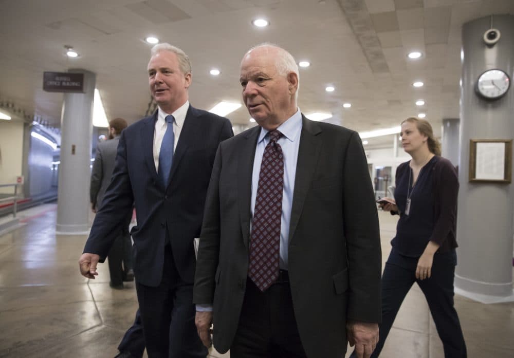 Sen. Chris Van Hollen, D-Md., left, and Sen. Ben Cardin, D-Md., arrive for a procedural vote as the Senate moves to pass legislation that would roll back some of the safeguards Congress put into place after a financial crisis rocked the nation's economy ten years ago, at the Capitol in Washington, Tuesday, March 6, 2018. (J. Scott Applewhite/AP)