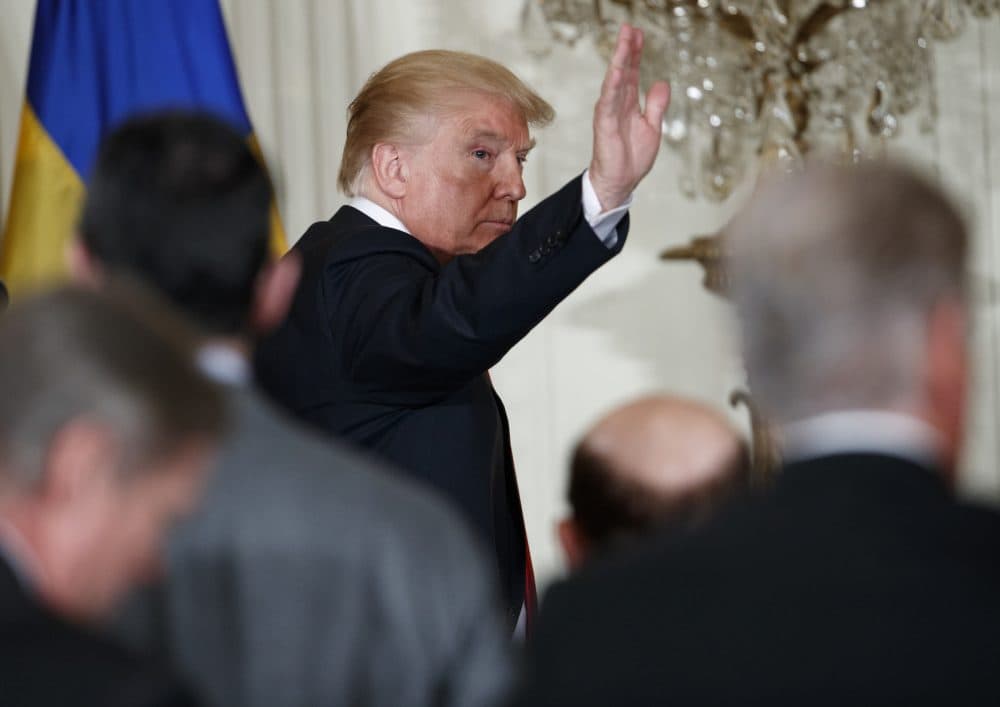 President Donald Trump waves as he walks off after a news conference with Swedish Prime Minister Stefan Lofven in the East Room of the White House, Tuesday, March 6, 2018, in Washington. (AP Photo/Evan Vucci)