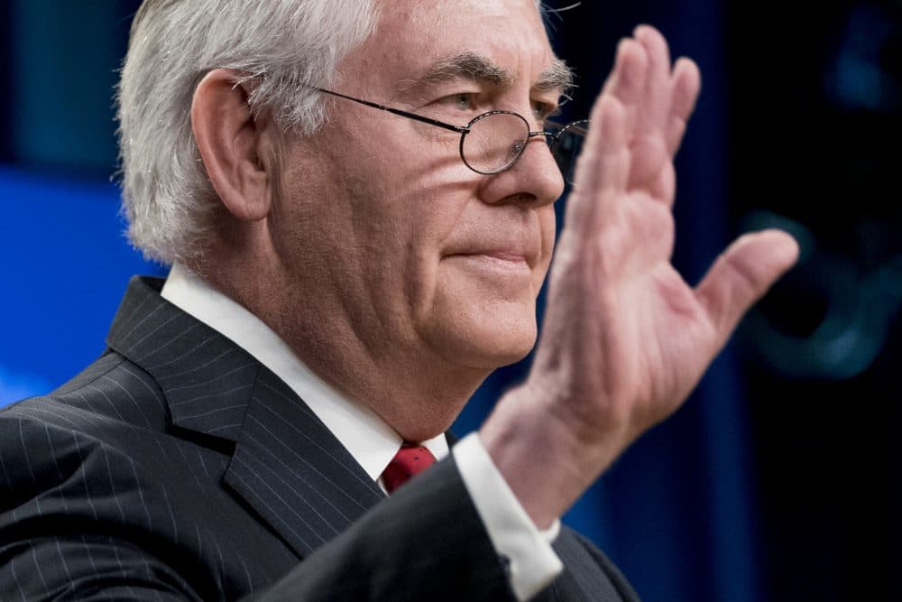 Secretary of State Rex Tillerson waves goodbye after speaking aat the State Department in Washington, Tuesday, March 13, 2018. President Donald Trump fired Tillerson and said he would nominate CIA Director Mike Pompeo to replace him, in a major staff reshuffle just as Trump dives into high-stakes talks with North Korea. (Andrew Harnik/AP)