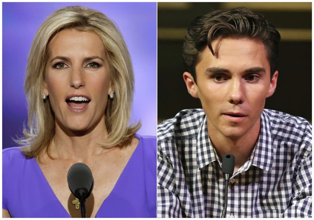 Fox News personality Laura Ingraham speaks at the Republican National Convention in Cleveland on July 20, 2016, left, and David Hogg, a student survivor from Marjory Stoneman Douglas High School in Parkland, Fla., speaks at a rally for common sense gun legislation in Livingston, N.J. on  Feb. 25, 2018. Some big name advertisers are dropping Ingraham after she publicly criticized Hogg, a student at Marjory Stoneman Douglas school on social media. The online home goods store Wayfair, travel website TripAdvisor and Rachel Ray’s dog food Nutrish all said they are removing their support from Ingraham. (J. Scott Applewhite, left, and Rich Schultz/AP)