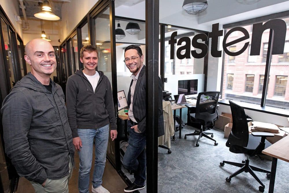 Vlad Christoff , Kirill Evdakov and Roman Levitskiy, co-founders of Fasten, a ride-hailing startup, at their Boston office (Courtesy Matt Stone/Fasten)