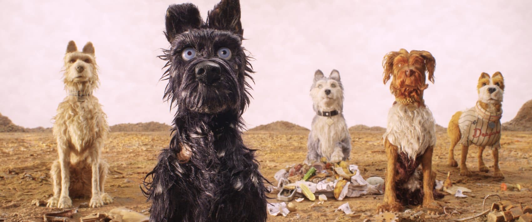 Left to right, Edward Norton voices Rex, Bryan Cranston voices Chief, Jeff Goldblum voices Duke, Bob Balaban voices King and Bill Murray voices Boss in Wes Anderson’s “Isle of Dogs.” (Courtesy Fox Searchlight Pictures)