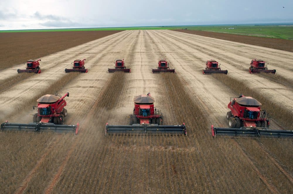 Combine harvesters crop soybeans during a demonstration for the press, in Campo Novo do Parecis, in Mato Grosso, Brazil, on March 27, 2012. (Yasuyoshi Chiba/AFP/Getty Images)
