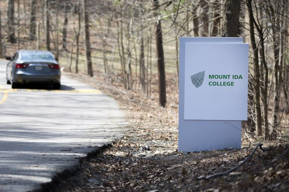 A car drives past the Mount Ida College sign on Carlson Avenue in Newton. (Jesse Costa/WBUR)
