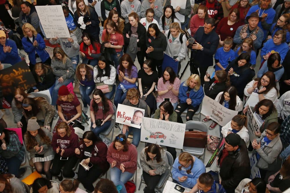 Students, teachers and supporters of the school walkout applaud for speakers in the state Capitol rotunda as protests continue over school funding, in Oklahoma City, Monday, April 9, 2018. (Sue Ogrocki/AP)