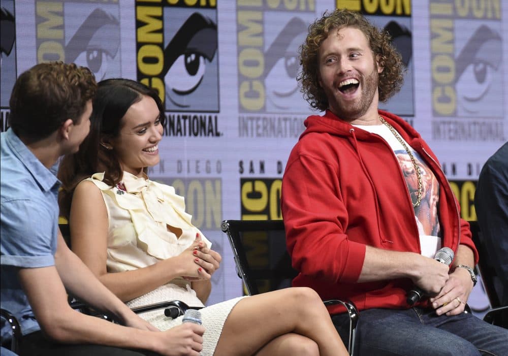 From left, Tye Sheridan, Olivia Cooke and T.J. Miller attend the Warner Bros. &quot;Ready Player One&quot; panel on day three of Comic-Con International on Saturday in 2017 in San Diego. (Richard Shotwell/Invision/AP)