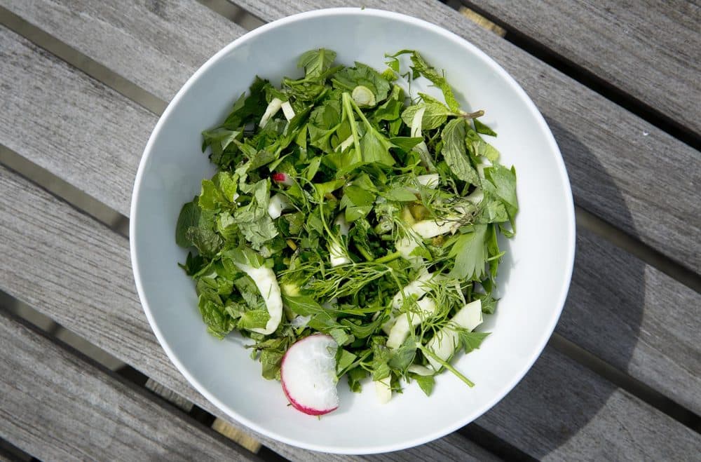 Chef Kathy Gunst's green herb spring salad. (Robin Lubbock/WBUR)