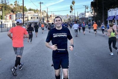 &quot;When I run backwards in these races, yes, everybody is staring at me, which is always interesting,&quot; Loren Zitomersky says. (Courtesy Loren Zitomersky)