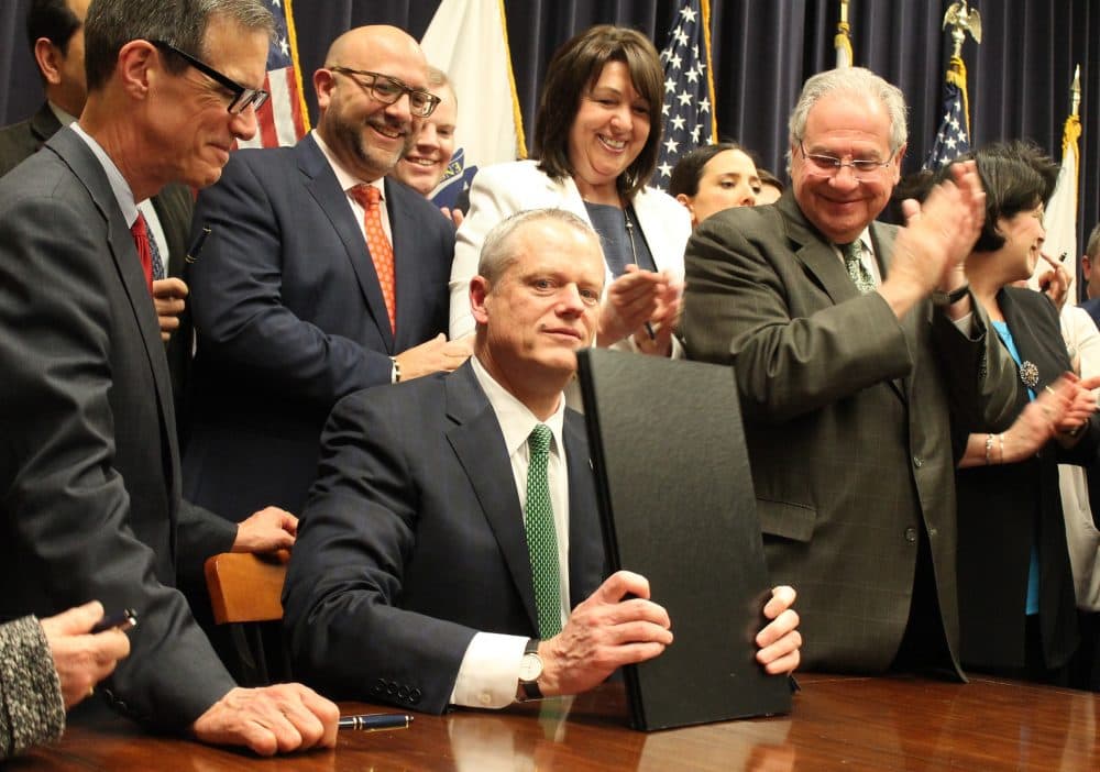 Before he signed a package of criminal justice reforms Friday, Gov. Charlie Baker outlined new legislation he was filing to fund some of its costs and alter some of its provisions. (Sam Doran/SHNS)